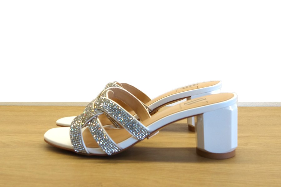 Mule bianco con fasce intrecciate di strass e tacco a blocco Albano Vanity donna