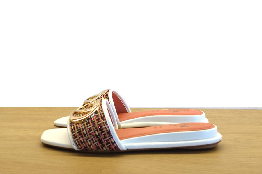Ciabatta flat in tweed multicolor con logo dorato e bordo bianco Braccialini donna