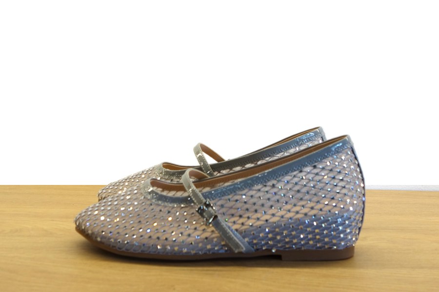 Ballerina mary-jane in mesh celeste con strass e bordo vernice Donna Serena donna
