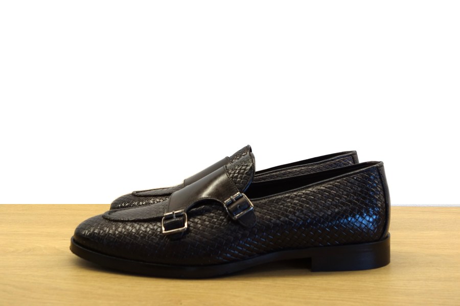 Monk strap doppia fibbia Exton uomo in vera pelle intrecciata nera suola cuoio