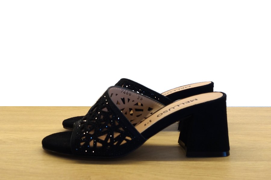 Mule nero in camoscio con tomaia traforata geometrica e strass Melluso donna