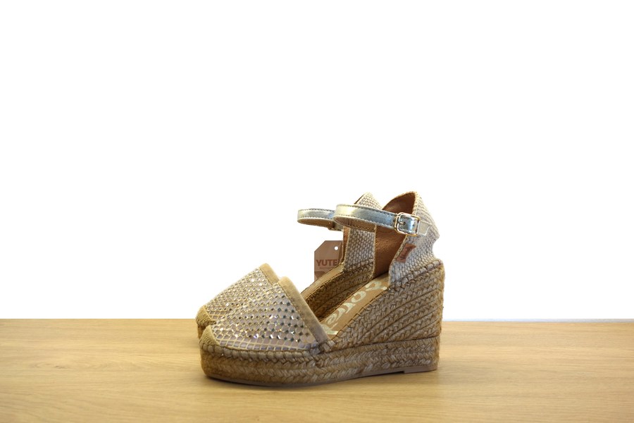 Espadrillas Vidorreta con zeppa in corda iuta punta strass oro e cinturino caviglia donna